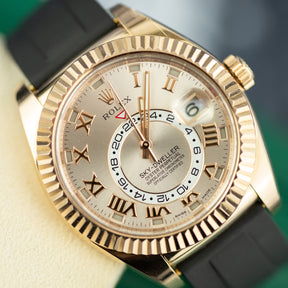 2019 Rolex Sky-Dweller 18K Everose Gold Fluted Bezel, Rose Dial, After Market Oysterflex Strap 42mm, 326135