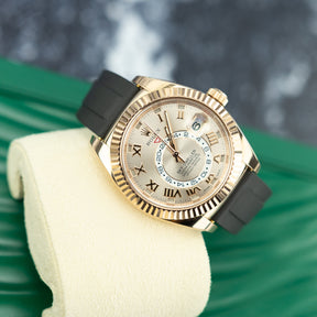 2019 Rolex Sky-Dweller 18K Everose Gold Fluted Bezel, Rose Dial, After Market Oysterflex Strap 42mm, 326135