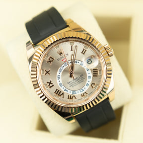 2019 Rolex Sky-Dweller 18K Everose Gold Fluted Bezel, Rose Dial, After Market Oysterflex Strap 42mm, 326135