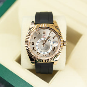 2019 Rolex Sky-Dweller 18K Everose Gold Fluted Bezel, Rose Dial, After Market Oysterflex Strap 42mm, 326135