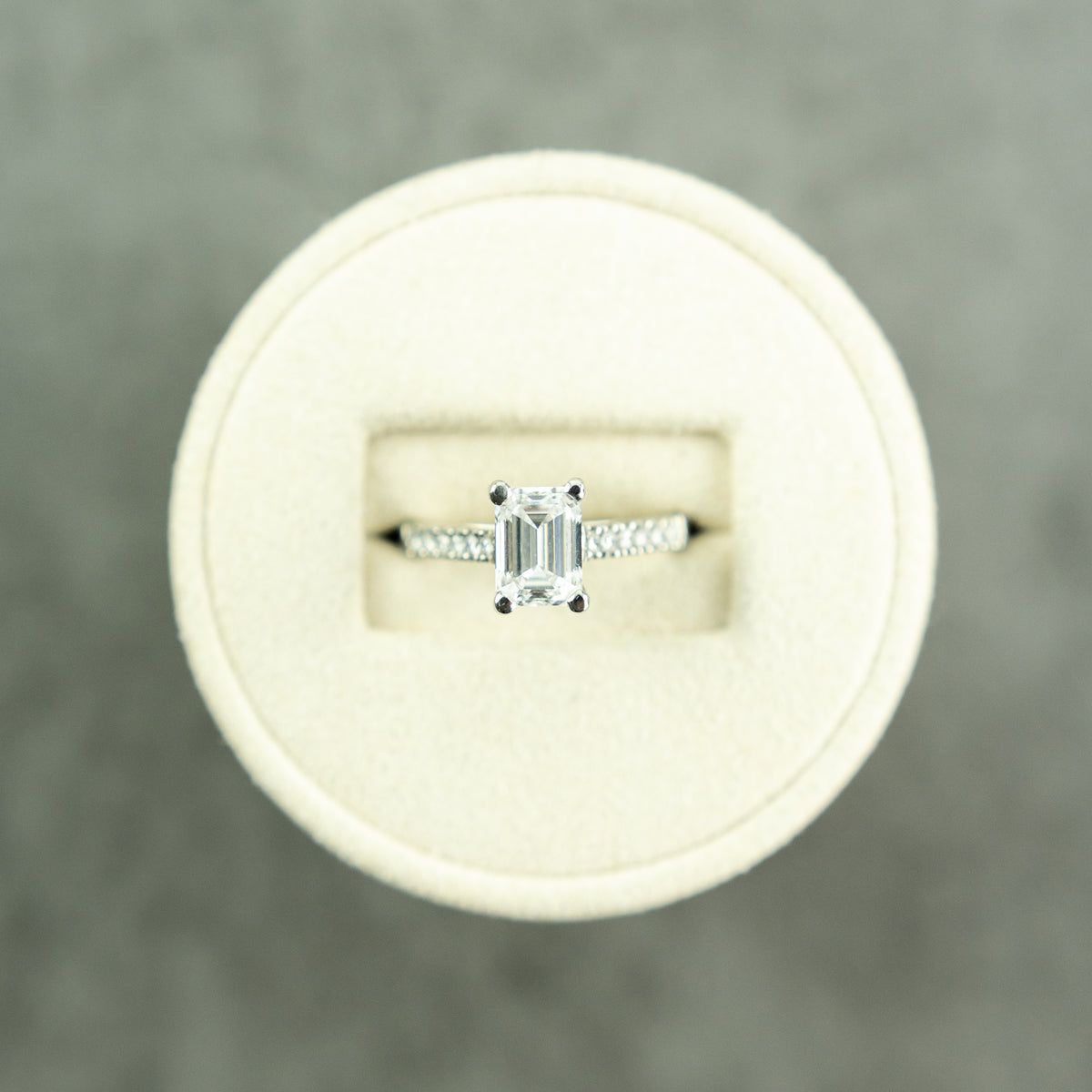 Platinum emerald cut 1.50ct D colour lab diamond 4 claw solitaire ring with diamond set shoulders