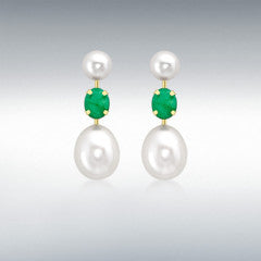 9ct yellow gold white pearl and emerald drop earrings