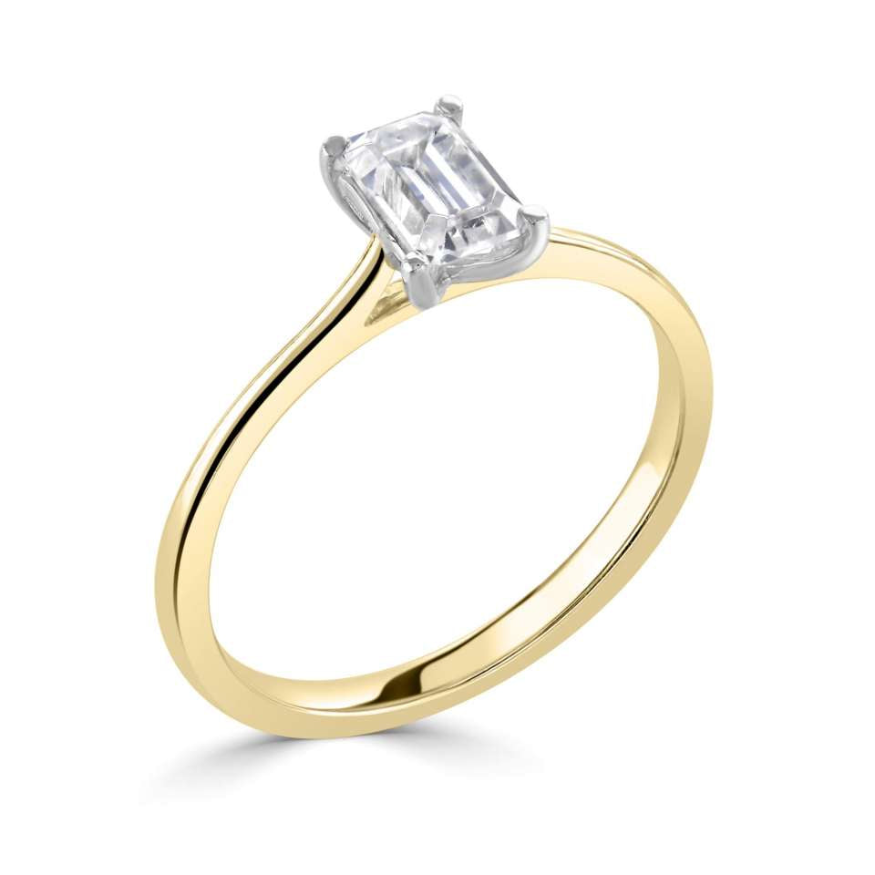 18ct yellow gold 1ct emerald cut lab diamond solitaire ring with slim band