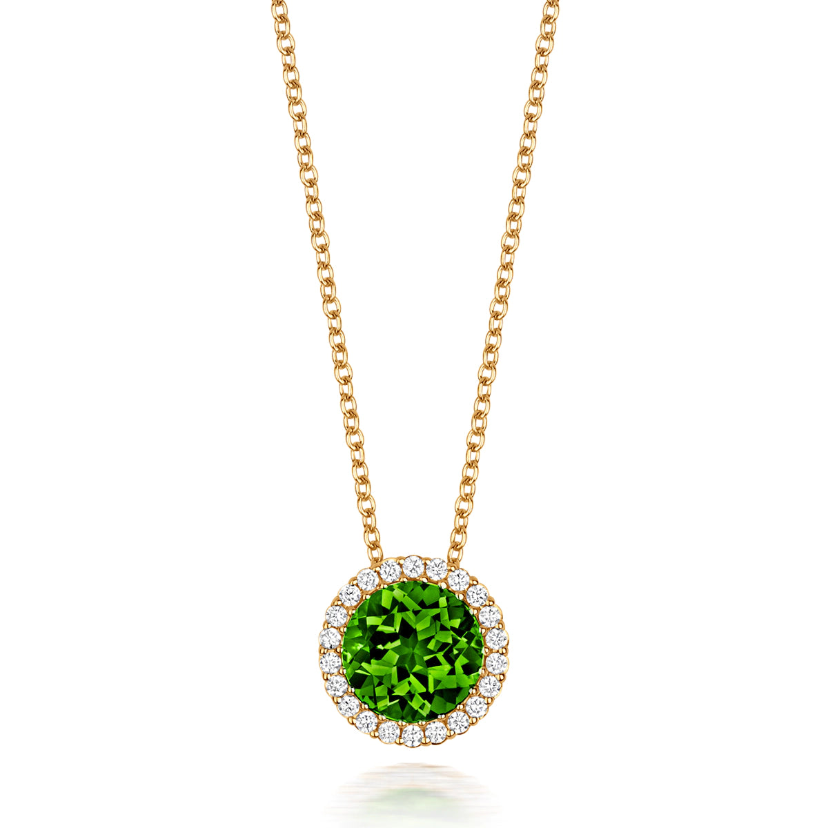 18ct yellow gold round peridot and diamond halo floating pendant