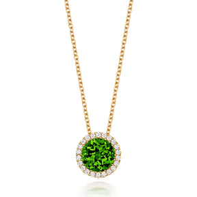 18ct yellow gold round peridot and diamond halo floating pendant