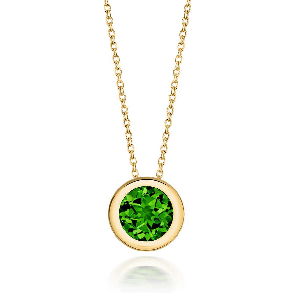 18ct yellow gold round peridot bezel set floating pendant