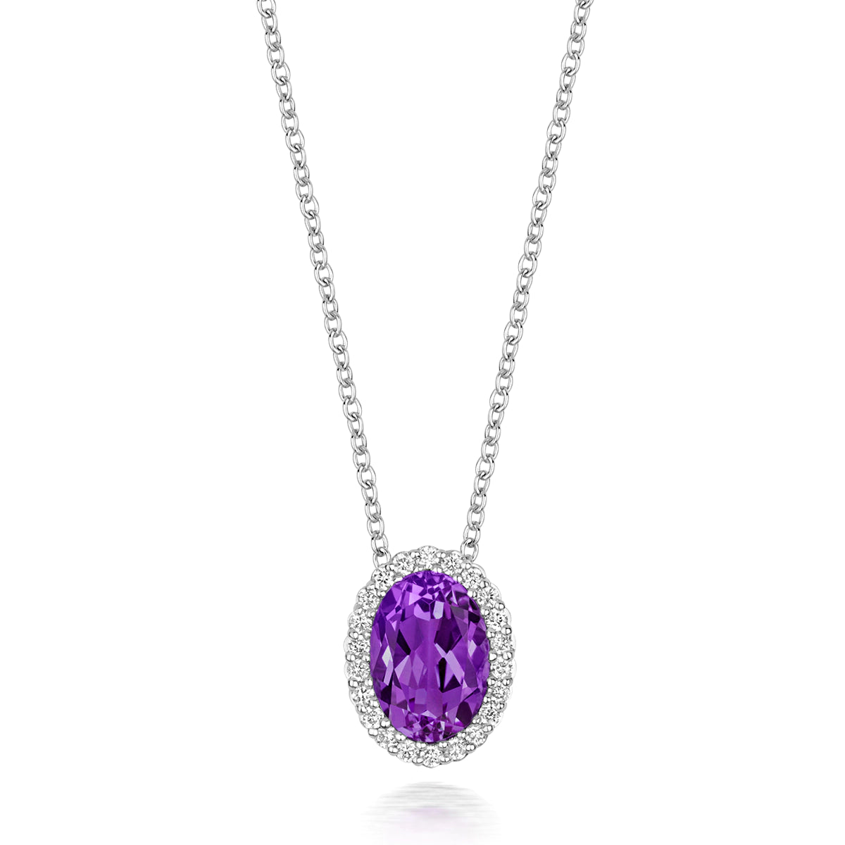 18ct white gold oval amethyst and diamond halo floating pendant