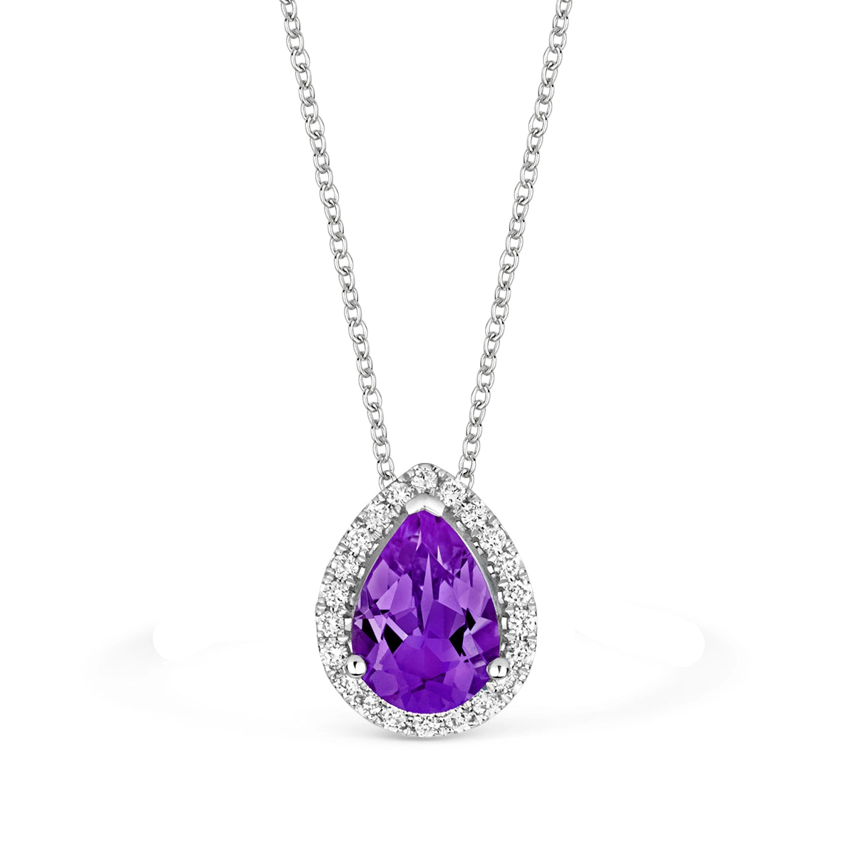 18ct white gold pear cut amethyst and diamond halo floating pendant