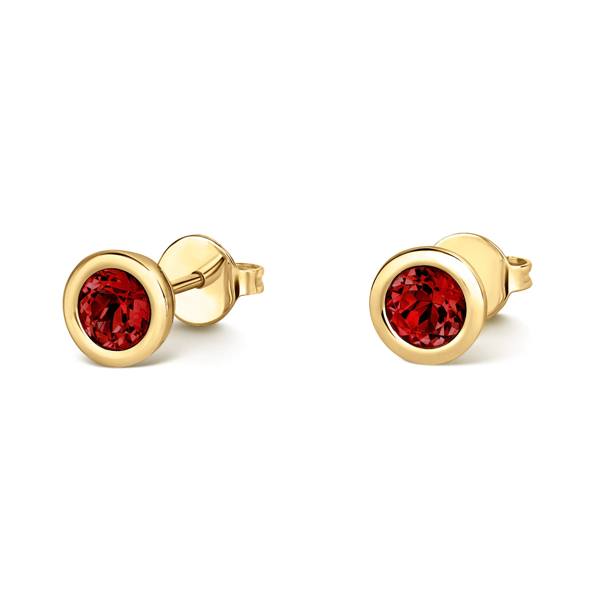 18ct yellow gold round garnet bezel set stud earrings