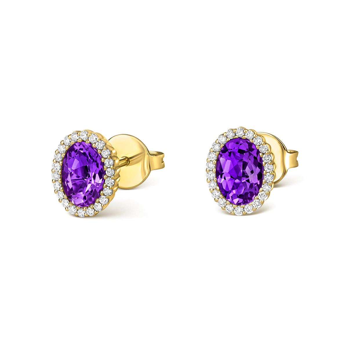 18ct Yellow Gold oval amethyst and diamond halo stud earrings