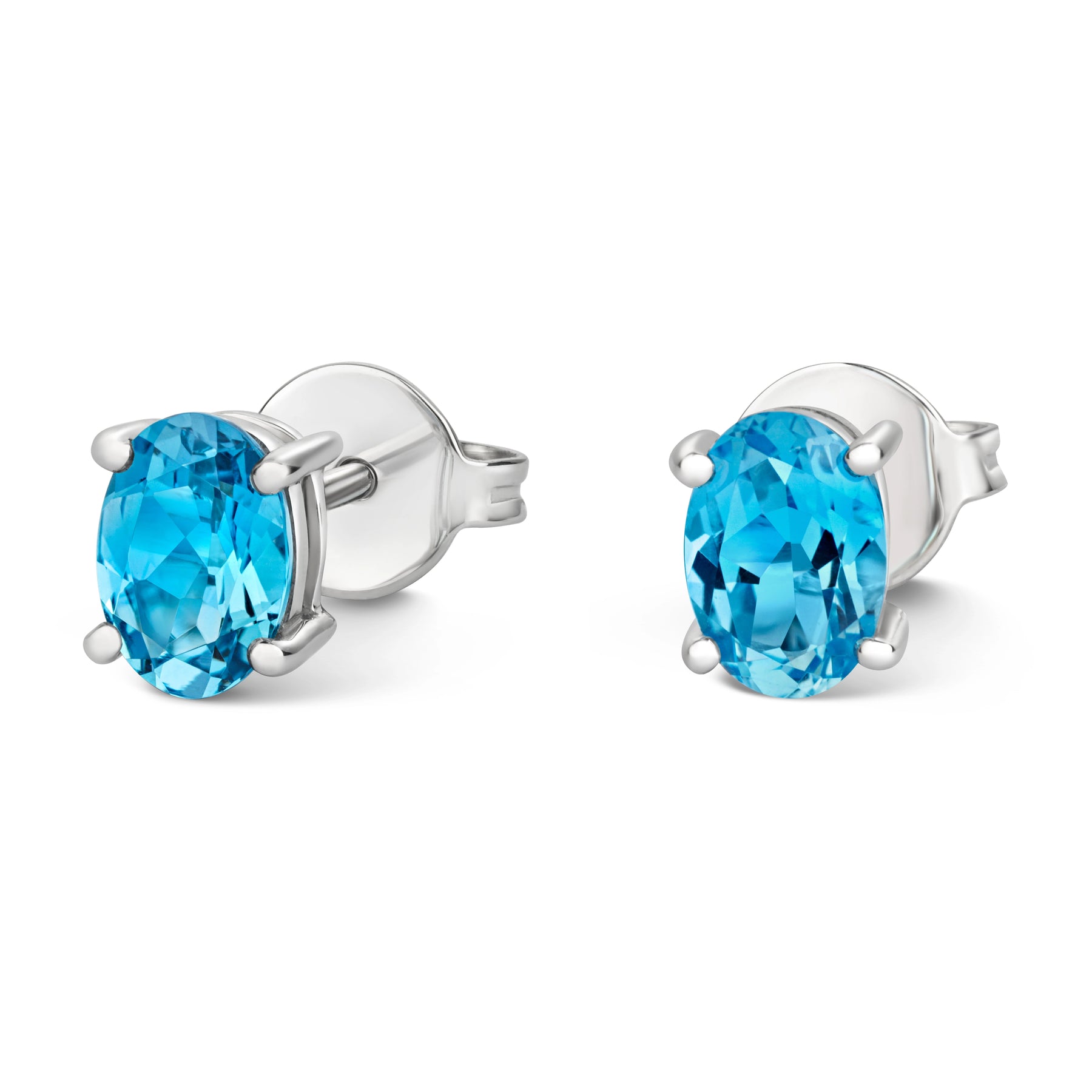 18ct white gold blue topaz oval 4 claw stud earrings