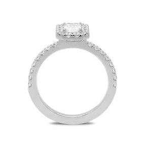 18ct white gold D colour emerald cut GIA diamond halo ring