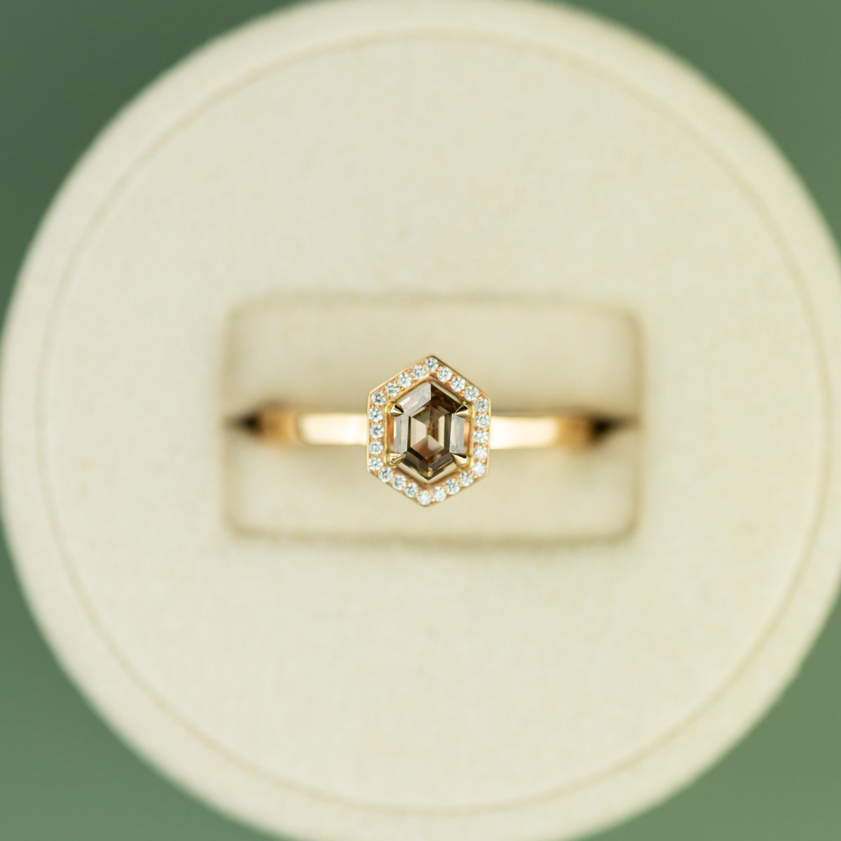 18 Karat Rose Gold Brown Diamond Hexagon Halo Ring 0.56ct at RR Jewellers Yarm UK