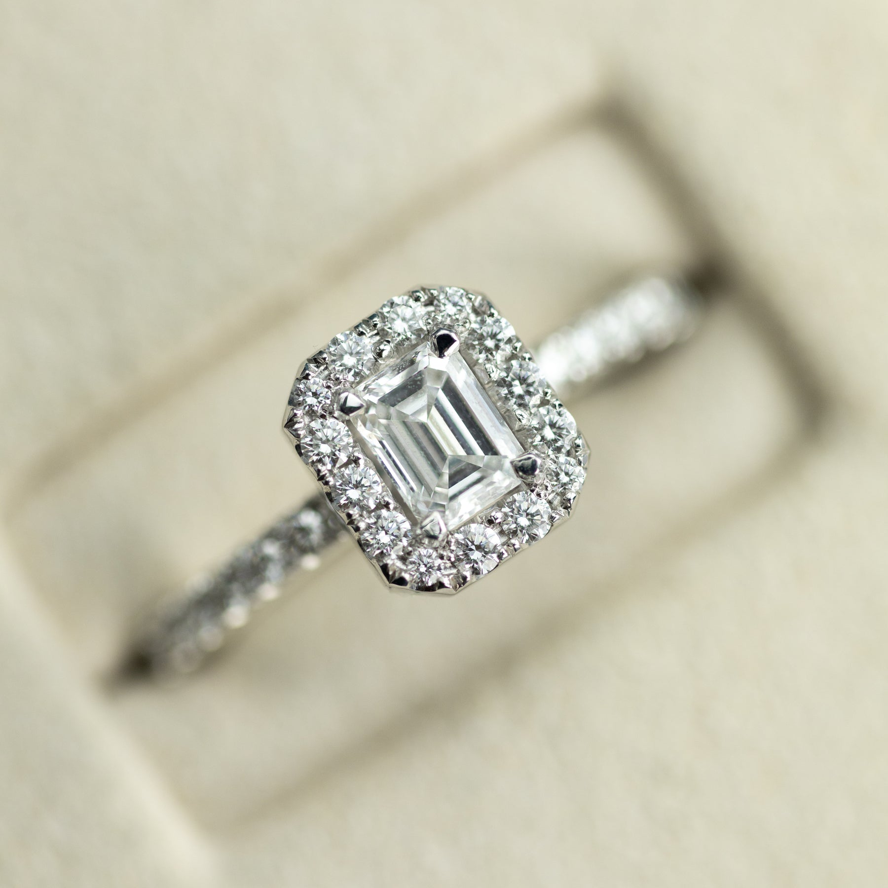 18 Karat White Gold Emerald Cut GIA Diamond Ring with Halo