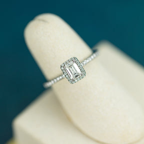 Platinum Emerald Cut Diamond Ring with Halo & Shoulders at RR Jewellers Yarm UK