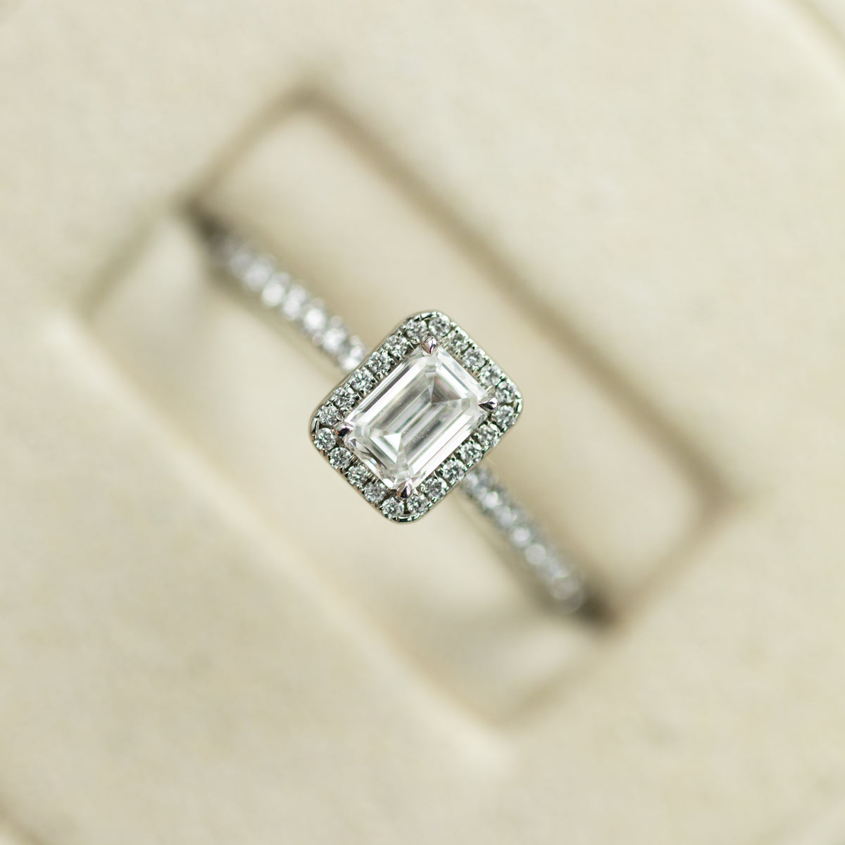 Platinum Emerald Cut Diamond Ring with Halo & Shoulders at RR Jewellers Yarm UK