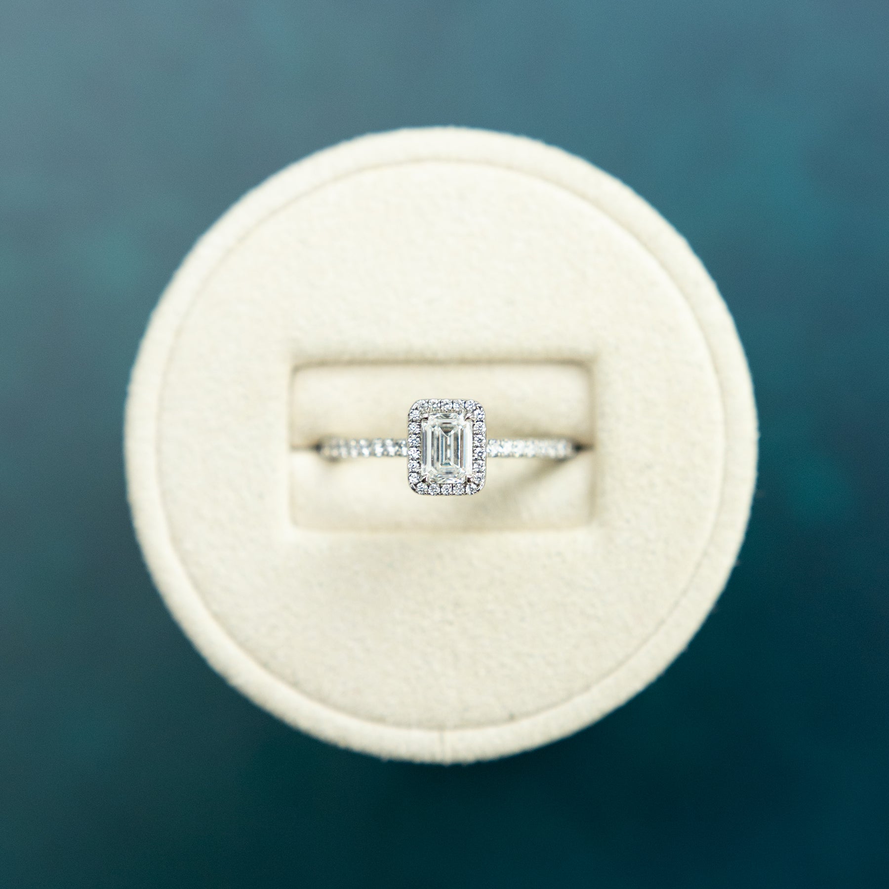 Platinum Emerald Cut Diamond Ring with Halo & Shoulders at RR Jewellers Yarm UK