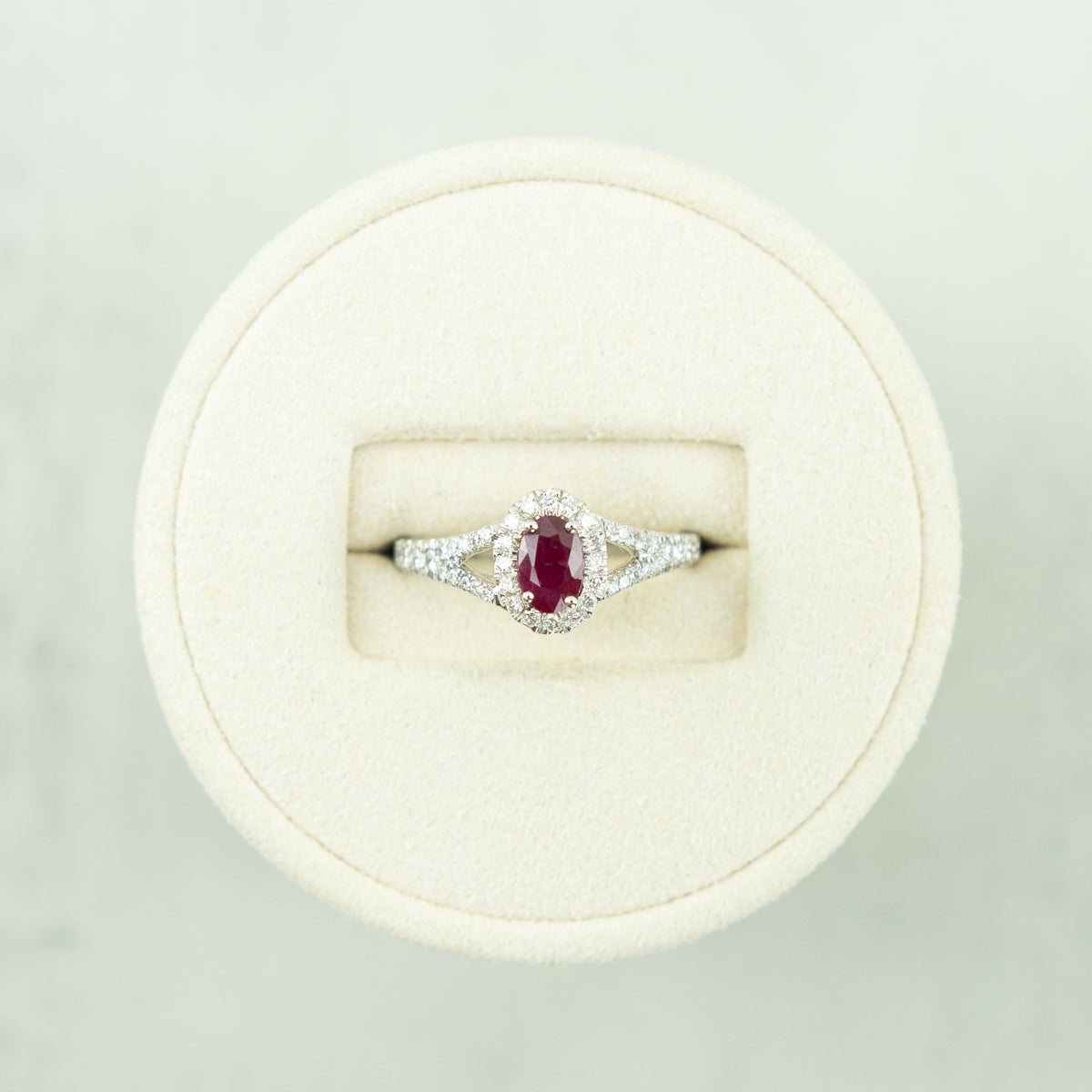 9ct White Gold Oval Ruby Ring with 0.30ct Halo Split Shoulder Ring