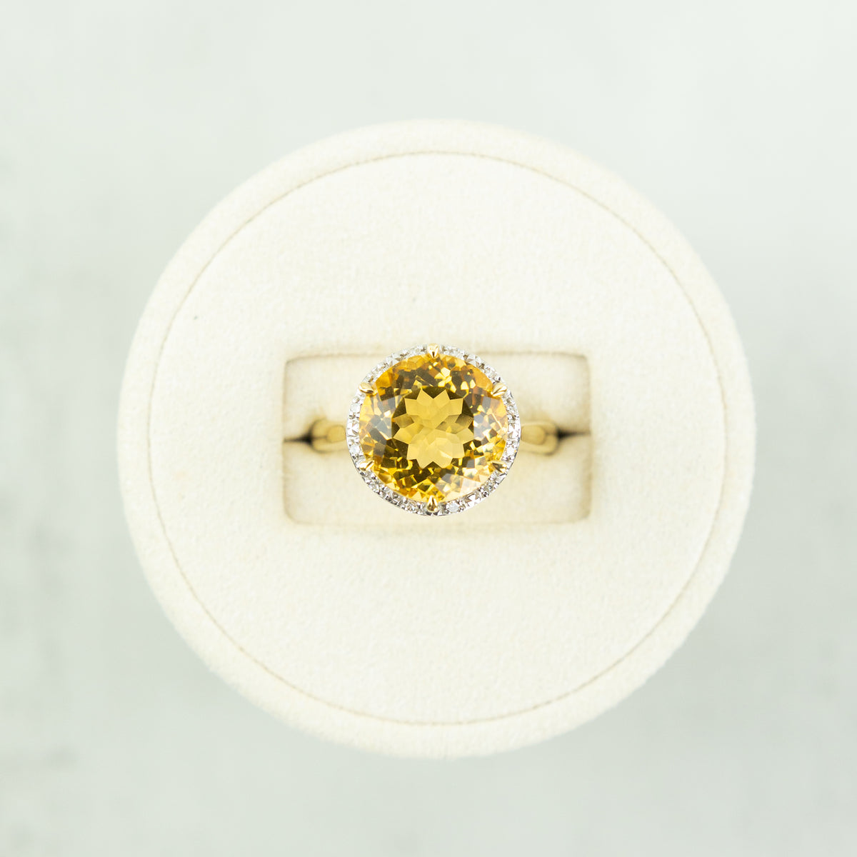 9 Karat Yellow Gold Brilliant Round Citrine with Halo Cocktail Ring at RR Jewellers Yarm UK