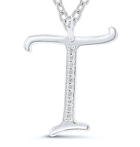 9ct white gold diamond initial T necklace 16-18 inch curb chain.