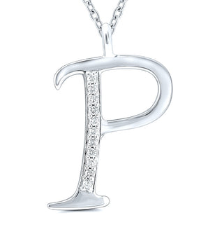 9ct white gold diamond initial P necklace 16-18 inch curb chain.