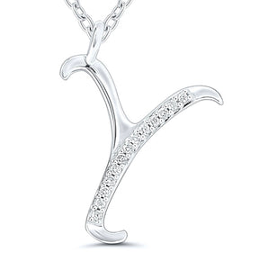 9ct white gold diamond initial Y necklace 16-18 inch curb chain.